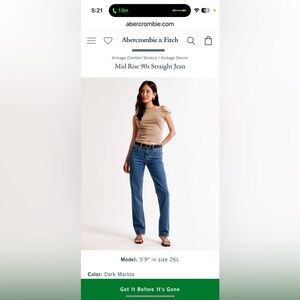 Abercrombie & Fitch 90’s straight mid rise. 26 XS (extra short)